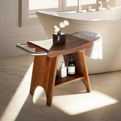 Wooden shower bench with a vase and bottles in a bathroom setting